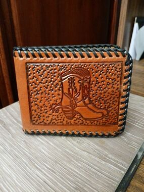 Tooled Leather Bifold Wallet with Western Boot Design - Brown & Black